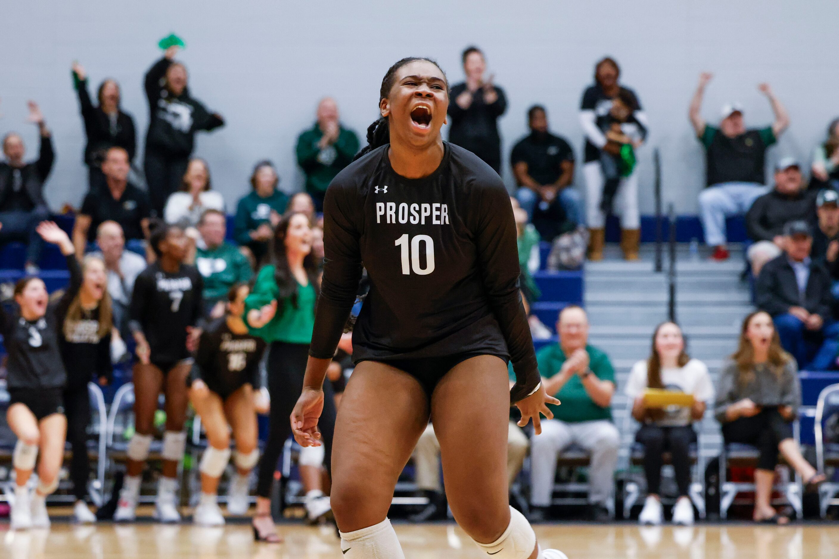 Prosper high school’s Hannah Beauford celebrates after a point against Plano West High...