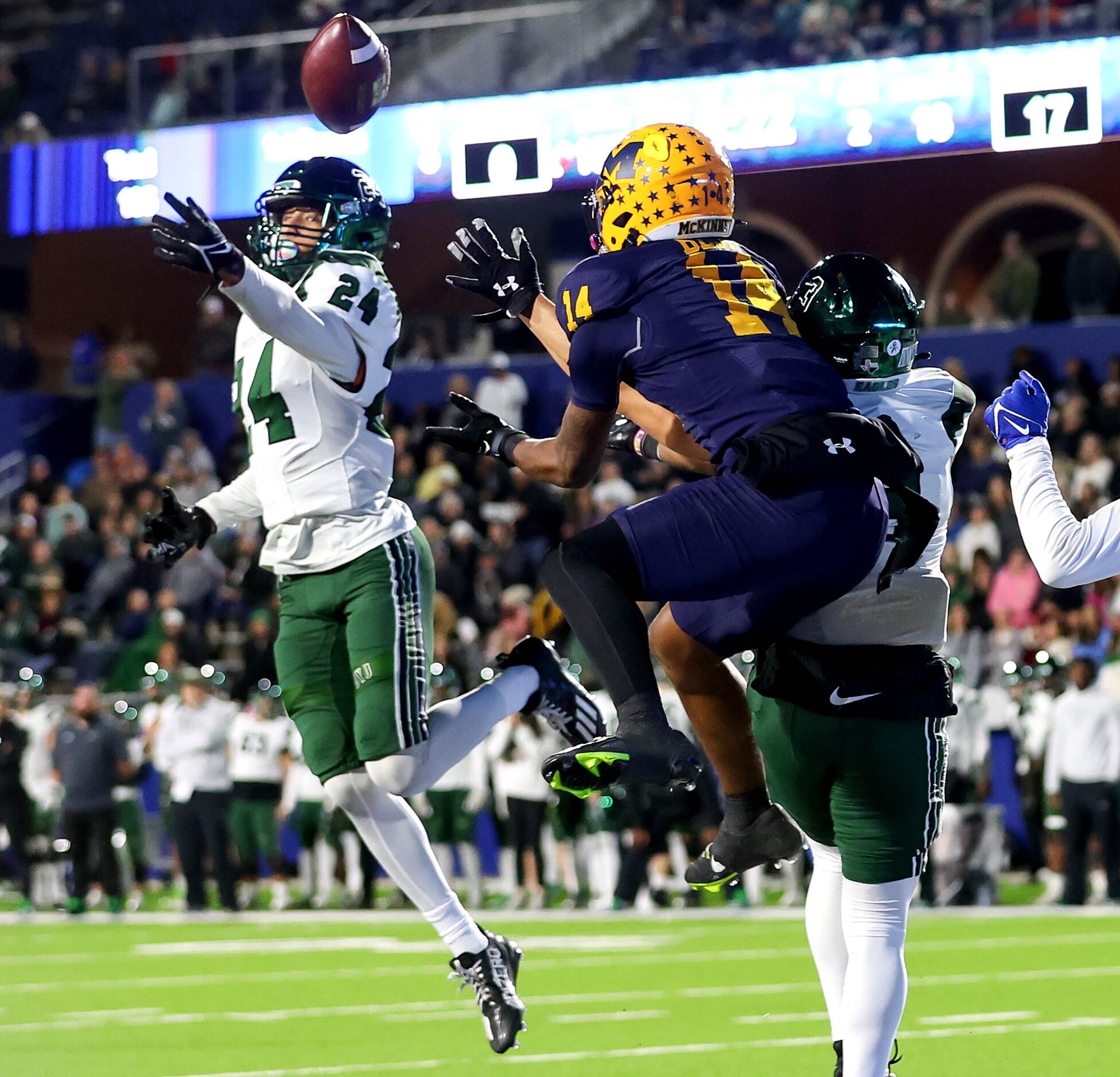 Prosper defensive back Tyson Stiggers (24) breaks up a pass intended for McKinney wide...