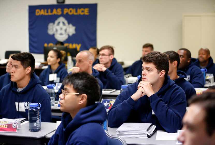 Recruits in Dallas Police Class 365 listen to a lesson about financial peace at the Dallas...