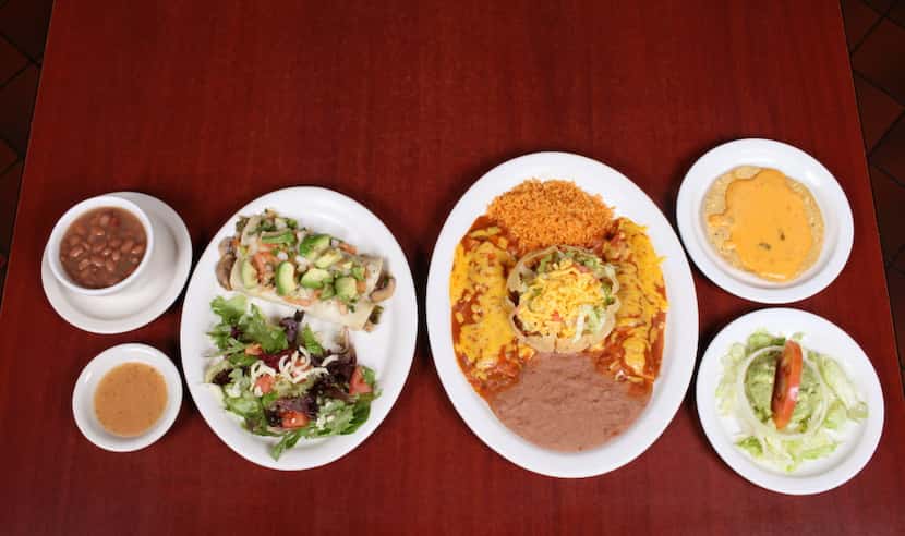 A spread by Ojeda's at 4617 Maple Ave. in Dallas. On the left is Naked Mushroom Enchiladas...