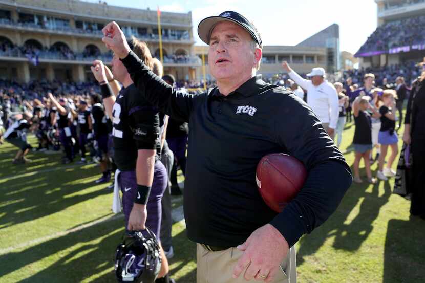 FORT WORTH, TX - NOVEMBER 24:  Head coach Gary Patterson of the TCU Horned Frogs celebrates...
