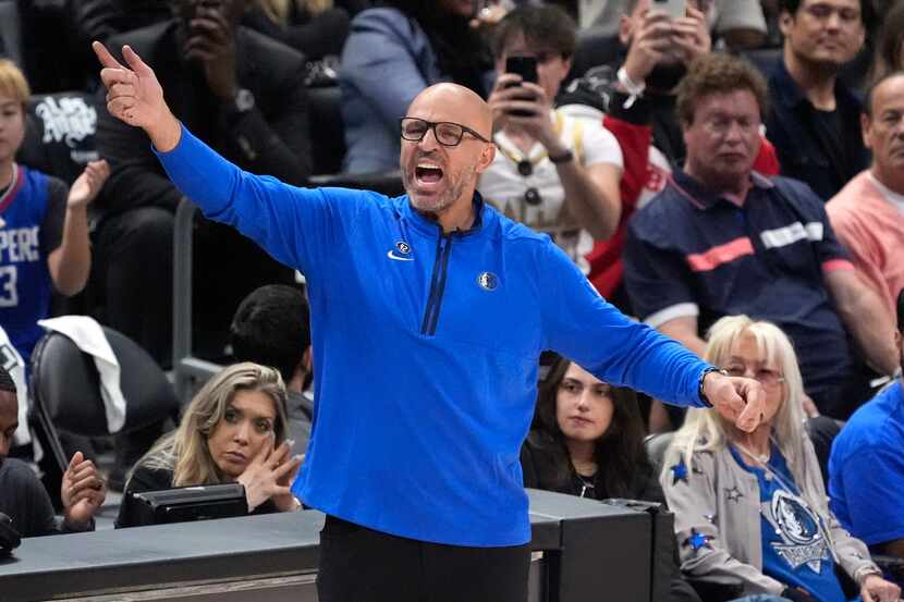 Dallas Mavericks head coach Jason Kidd gestures during the second half in Game 2 of an NBA...