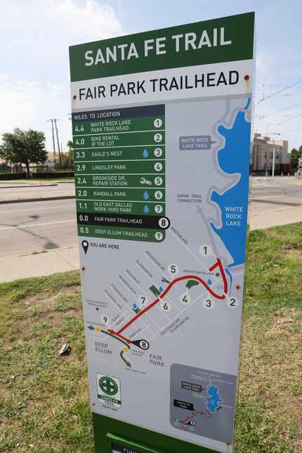 A map at the end of the Santa Fe Trail at Parry Avenue across from Fair Park illustrates the...
