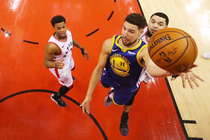 TORONTO, ONTARIO - JUNE 02:  Klay Thompson #11 of the Golden State Warriors attempts a shot...