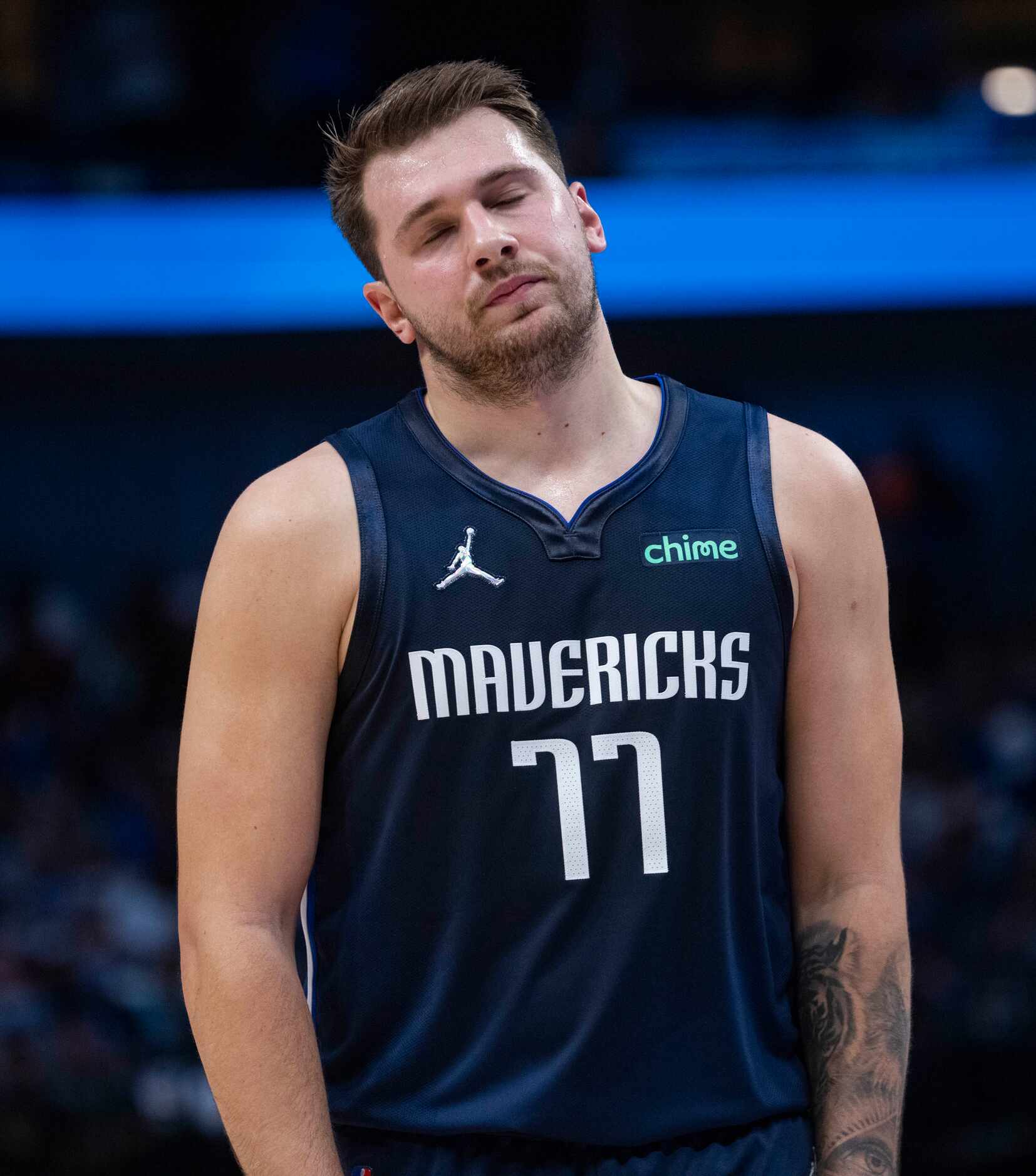 Dallas Mavericks guard Luka Dončić (77) reacts to a call during the first quarter of the...