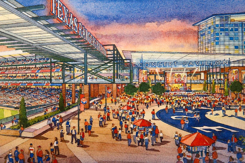 Arlington and Texas Rangers officials unveil plans for a new baseball stadium during a press...