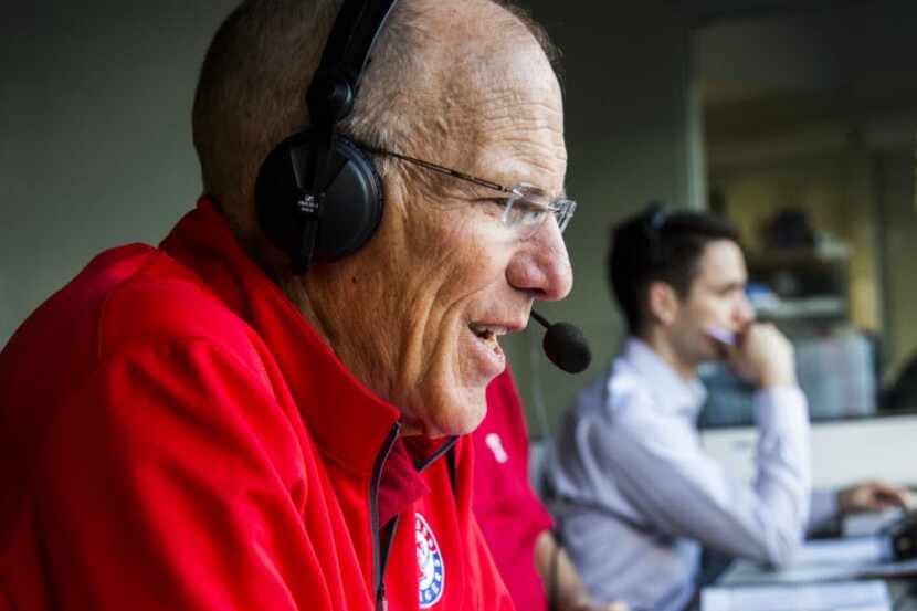 TV color analyst Tom Grieve calls an exhibition game between the Texas Rangers and the New...