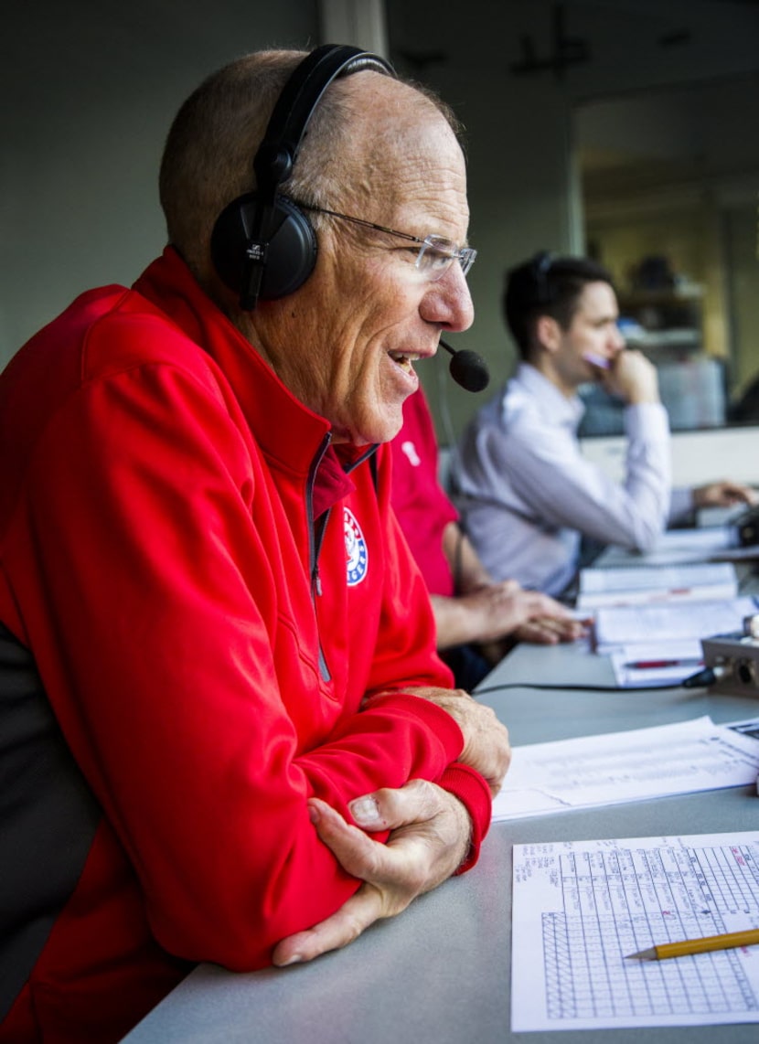 TV color analyst Tom Grieve calls an exhibition game between the Texas Rangers and the New...