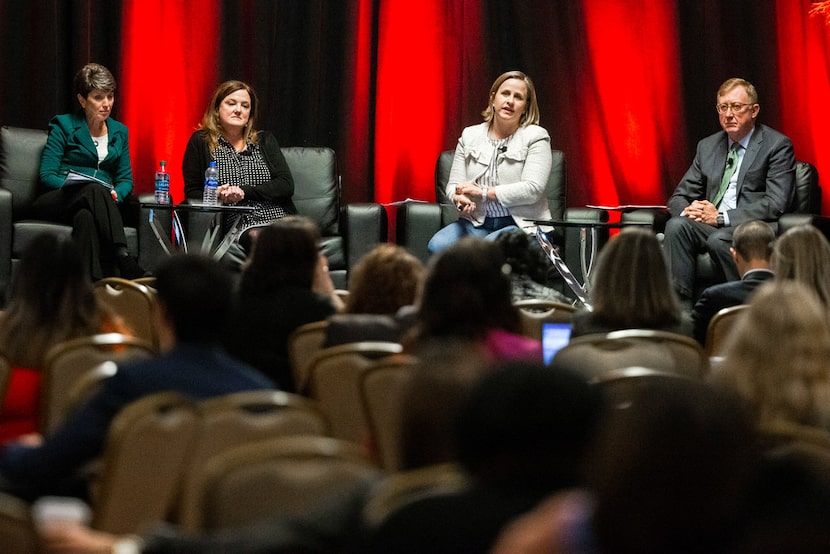 Panelists Robyn Bayne of Aon (left), Betsy Harrison of PepsiCo, Samantha Dean of the city of...