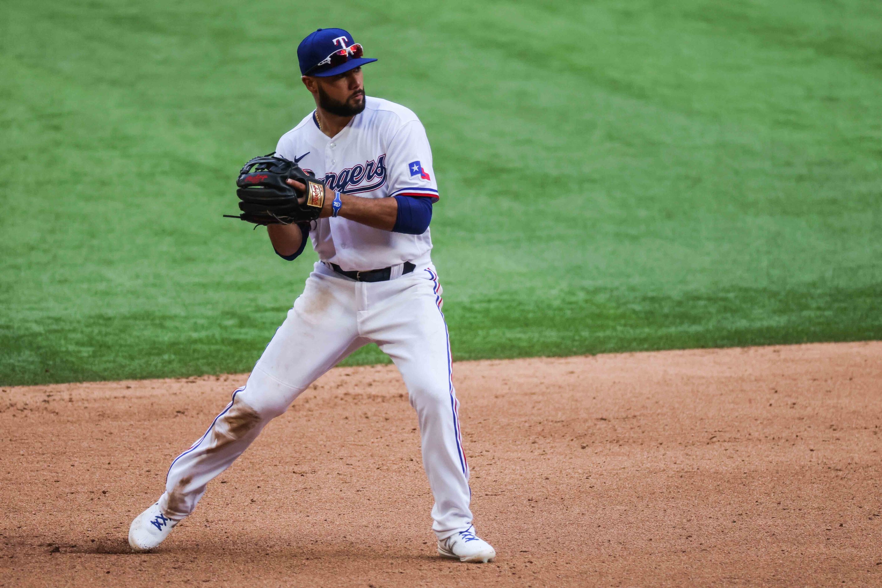 Texas Rangers' infielder Isiah Kiner-Falefa No. 9 at the Globe Life Field during opening day...