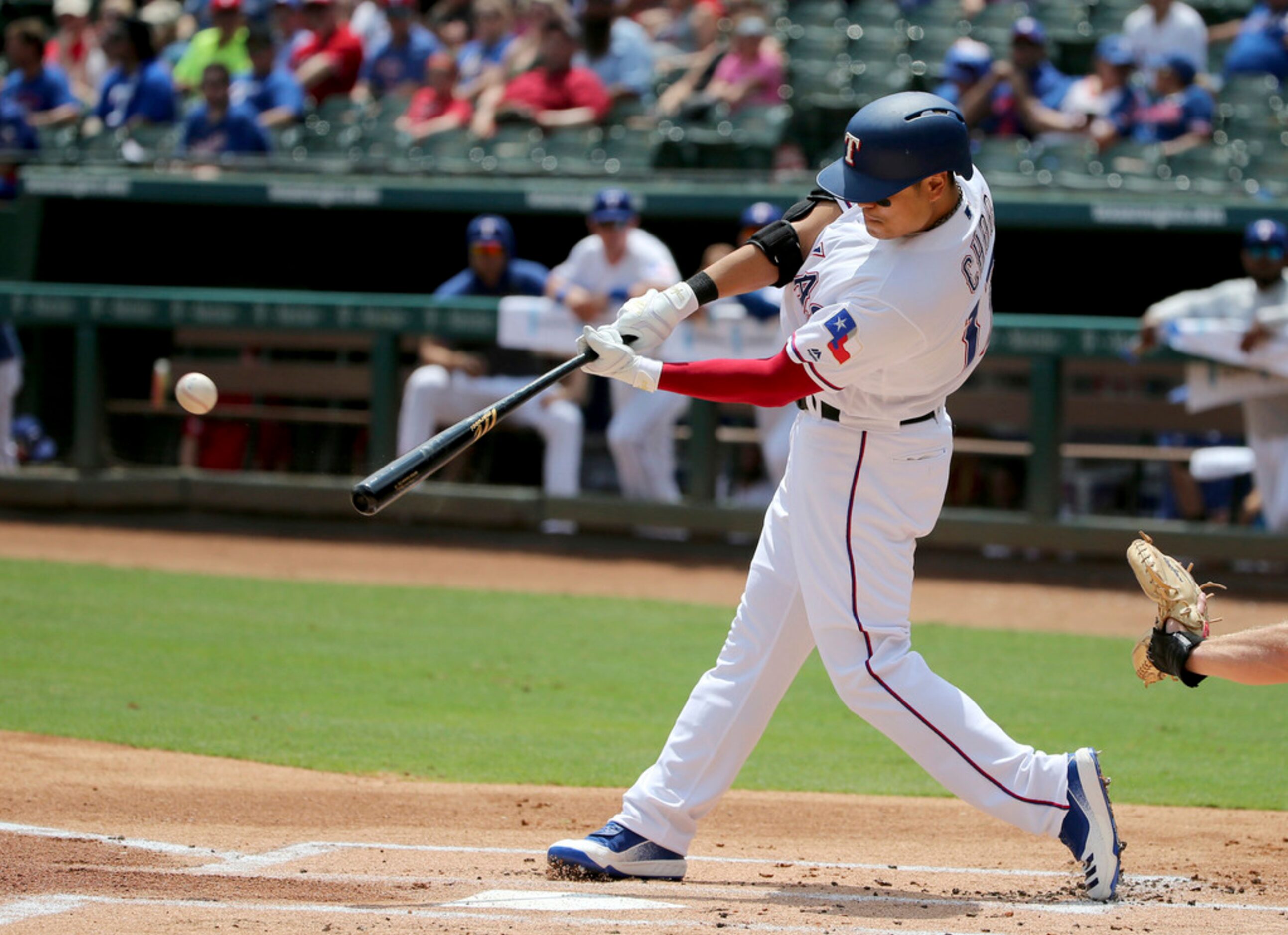 Texas Rangers Shin-Soo Choo (17) hits a double against the Detroit Tigers during the first...