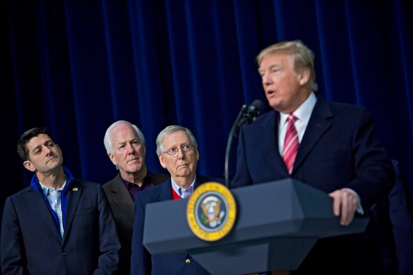 FILE -- From left: Republican Sens. Paul Ryan, speaker of the House, John Cornyn and Mitch...