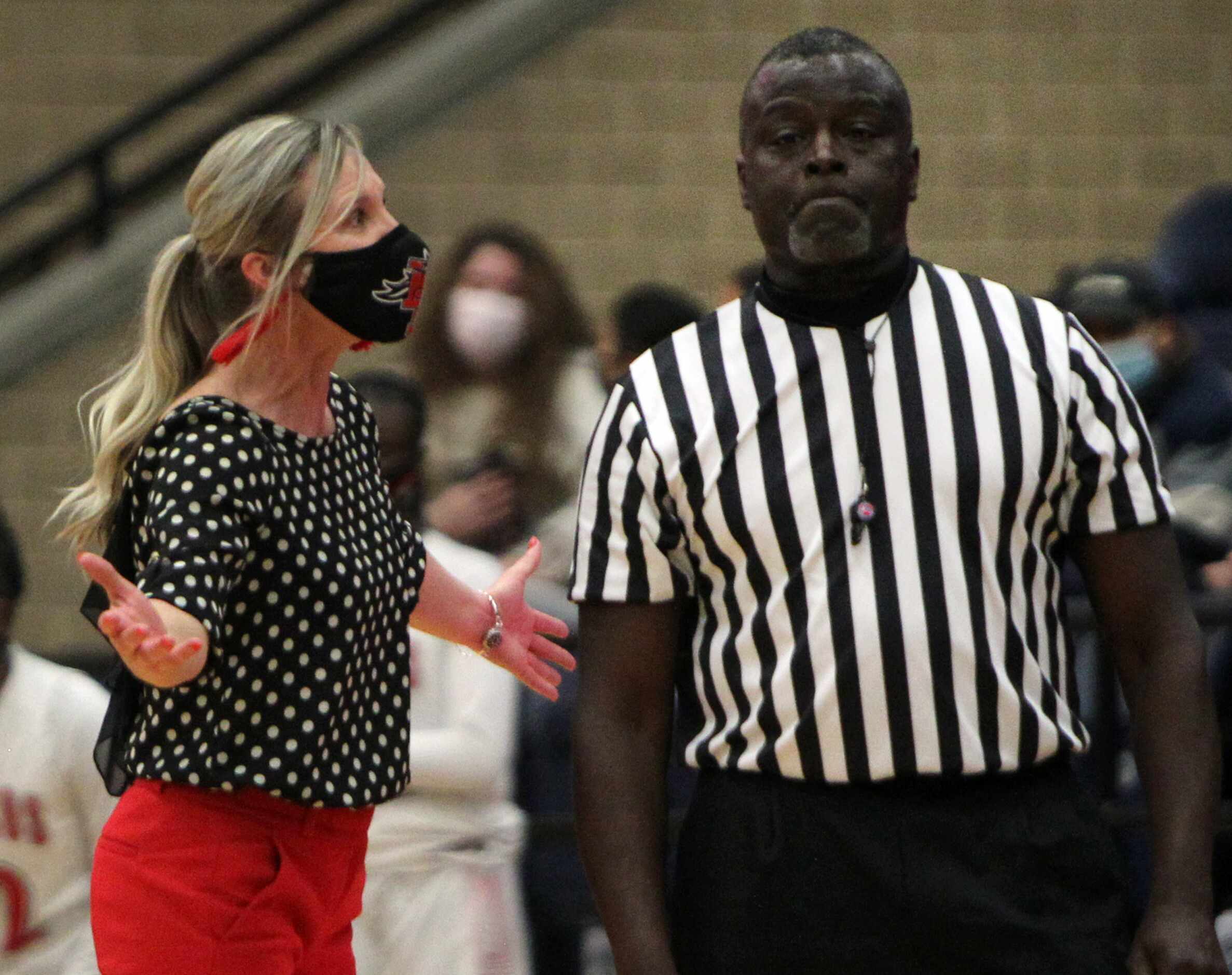 Mansfield Legacy head coach Michelle Morris reacts after receiving a technical foul during...
