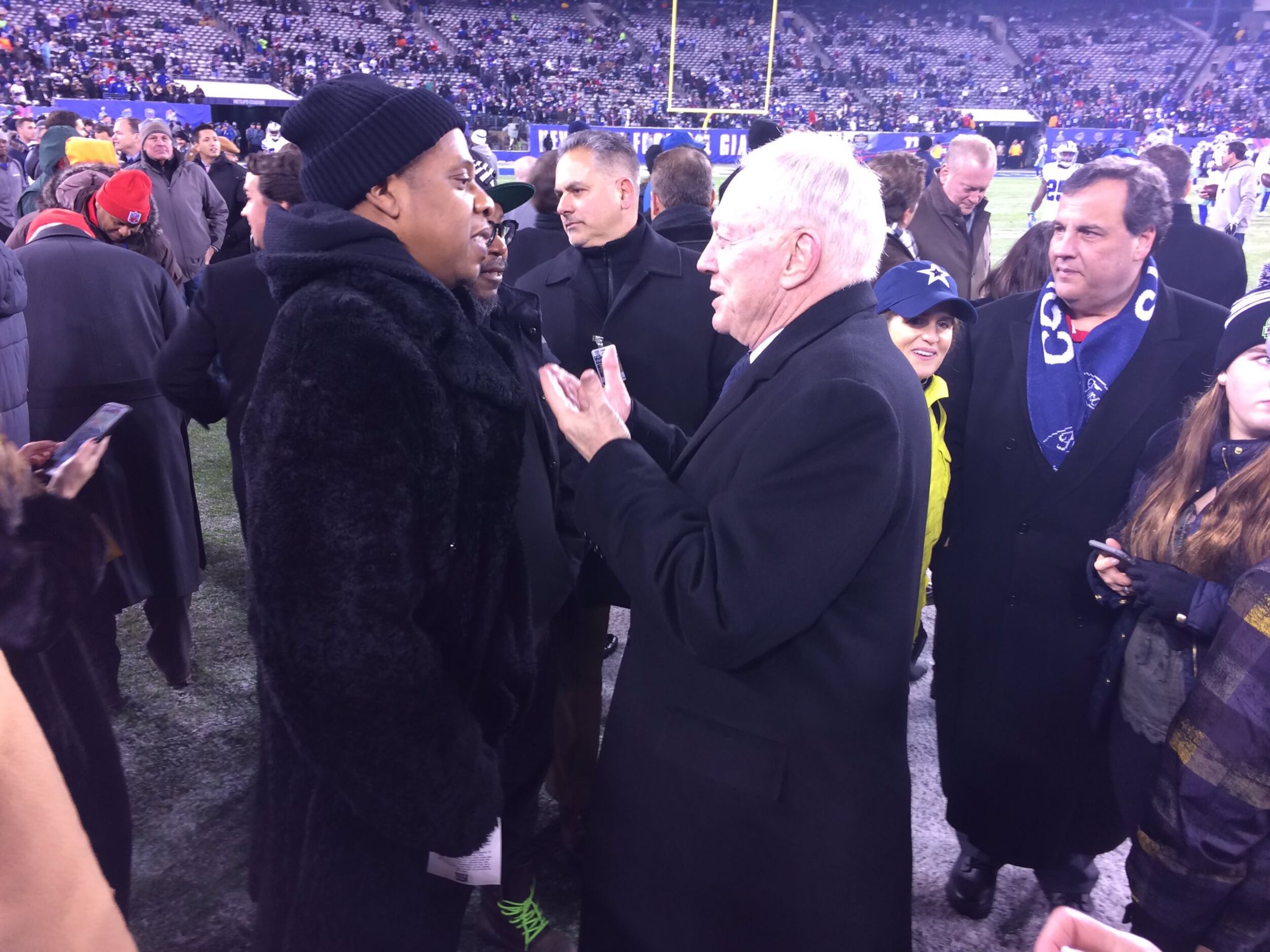 New Jersey Governor Chris Christie shakes hands with Dallas Cowboys owner  Jerry Jones before the New York Giants play the Dallas Cowboys in week 12  of the NFL season at MetLife Stadium