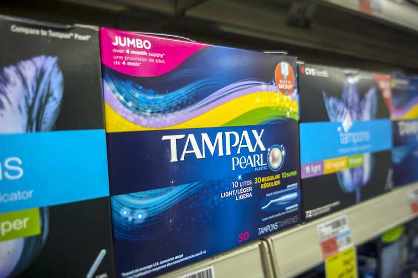 Boxes of tampons are displayed in a pharmacy in New York.