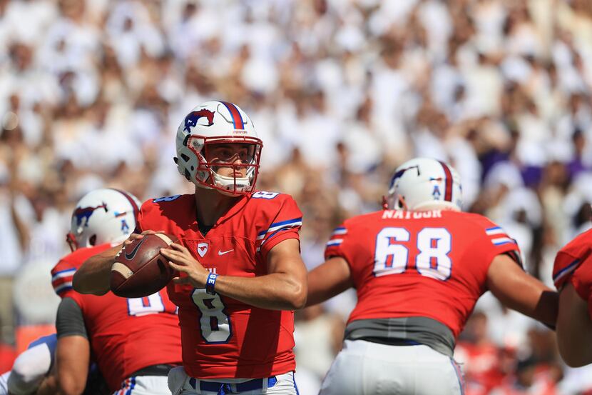 FORT WORTH, TX - SEPTEMBER 16:  Ben Hicks #8 of the Southern Methodist Mustangs throws the...