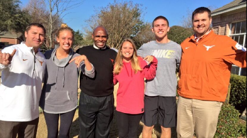  L-R UT offensive coordinator Sterlin Gilbert; Amber Buechele (Shane's sister, who currently...