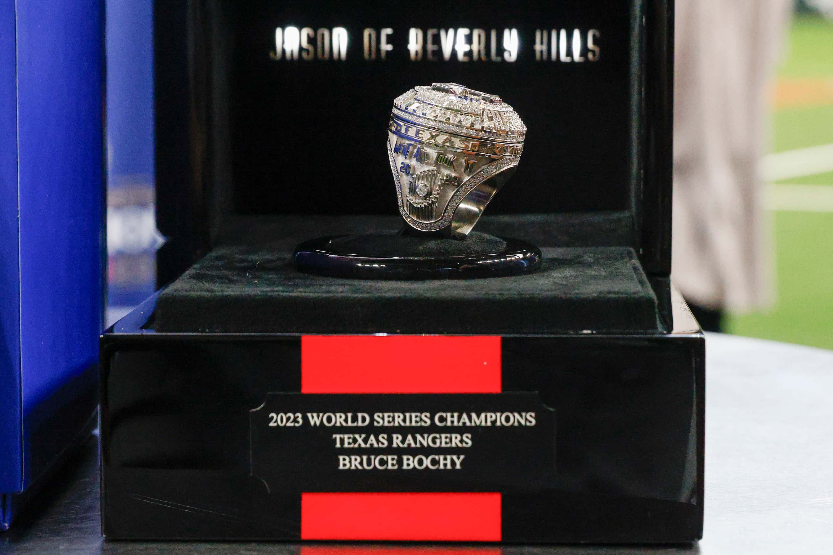 Texas Rangers manager Bruce Bochy’s World Series championship ring is seen, Saturday, March...