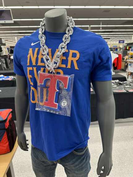 Texas Rangers World Series champion necklaces being sold at Academy Sports + Outdoor stores.
