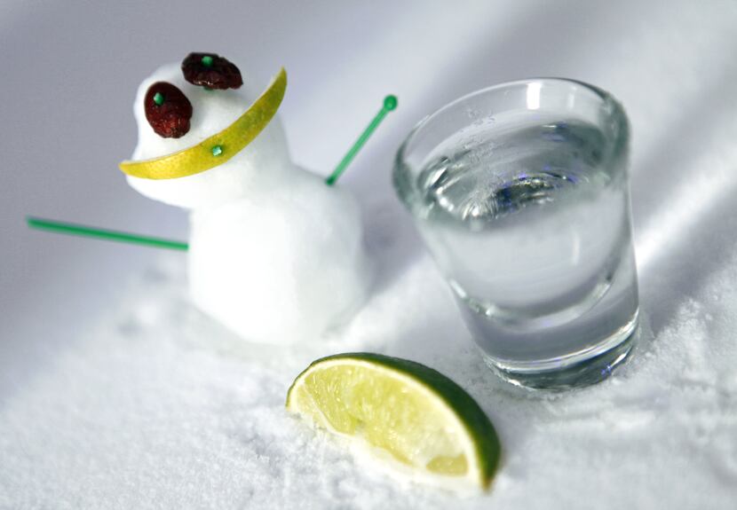 Here's a snowman and a shot of Patron on the frozen ice bar at Urban Crust's 32 Degrees...