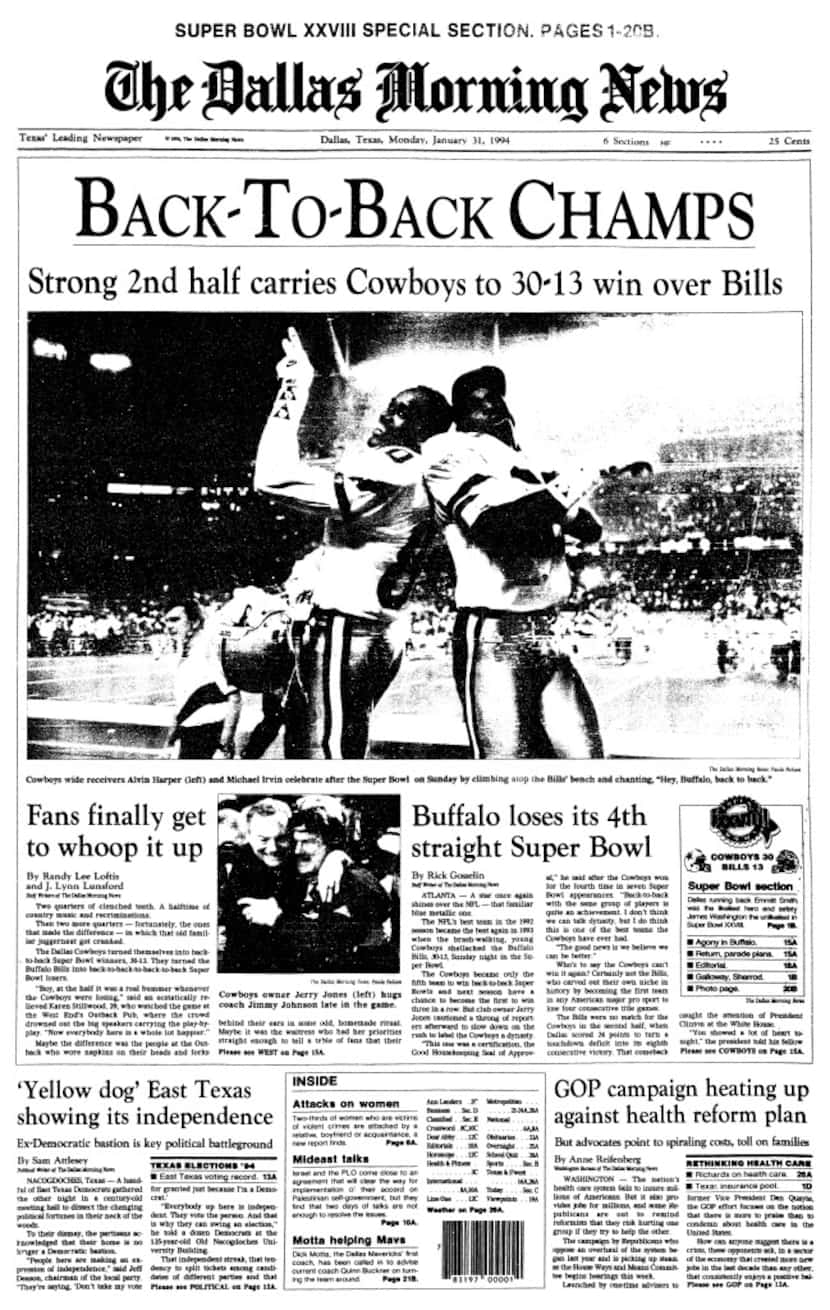 DALLAS COWBOYS - SUPER BOWL VICTORY - DALLAS MORNING NEWS FRONT PAGE - JANUARY 31, 1994 -...