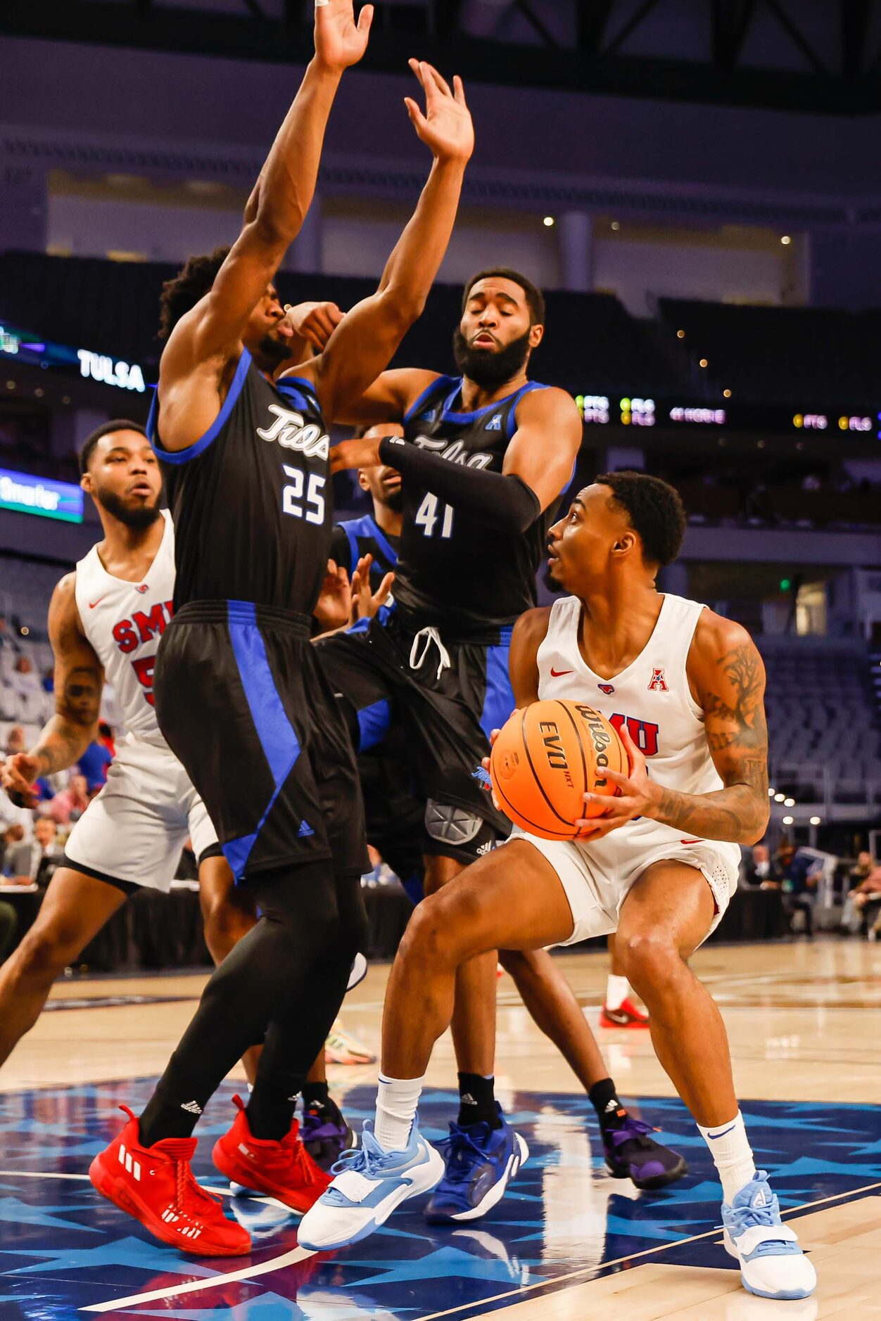 Southern Methodist Mustangs guard Michael Weathers (23) gets ready to go for a shot as Tulsa...