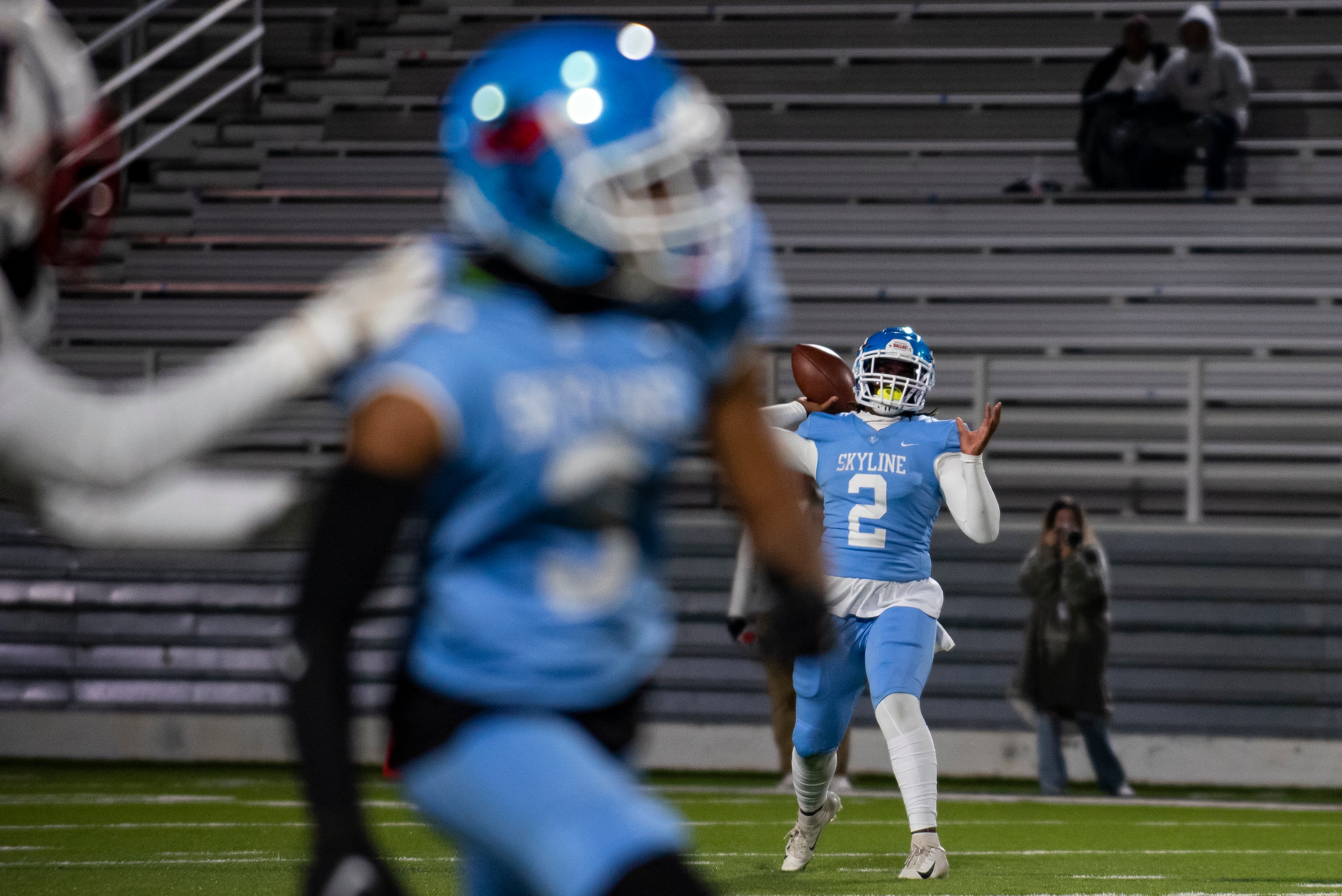 Skyline senior Darryl Richardson (2) looks for a receiver down the field to pass the ball to...