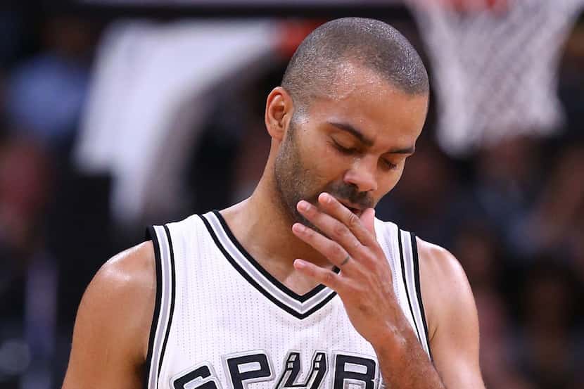 SAN ANTONIO, TX - MAY 03:  Tony Parker #9 of the San Antonio Spurs reacts against the...