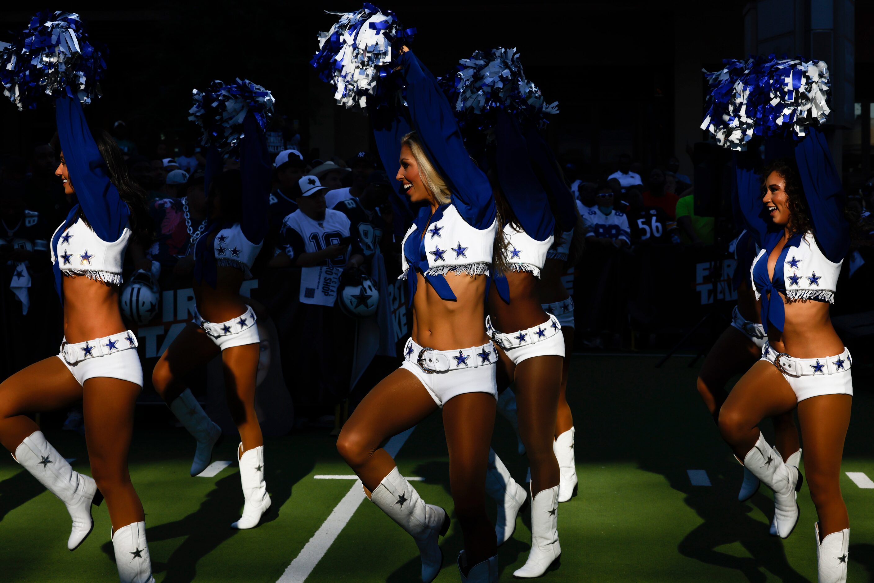 Dallas Cowboys cheerleaders perform during the recording of ESPN’s First Take in the...