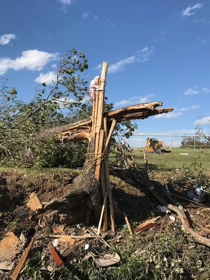 The chaos from the storm left this cross-like piece made from a fallen tree, two-by-fours...