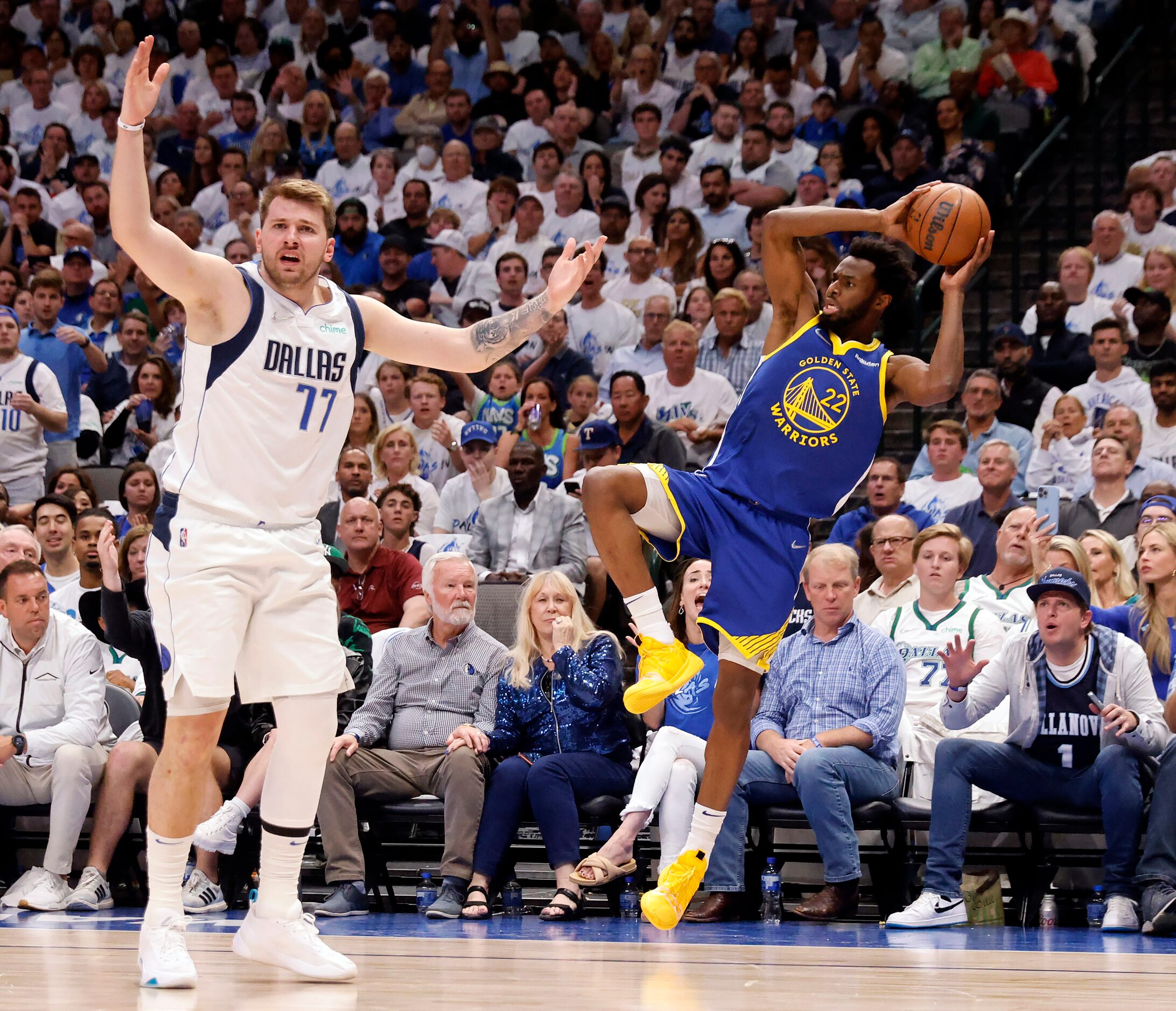 Dallas Mavericks guard Luka Doncic (77) looks for the call after Golden State Warriors...