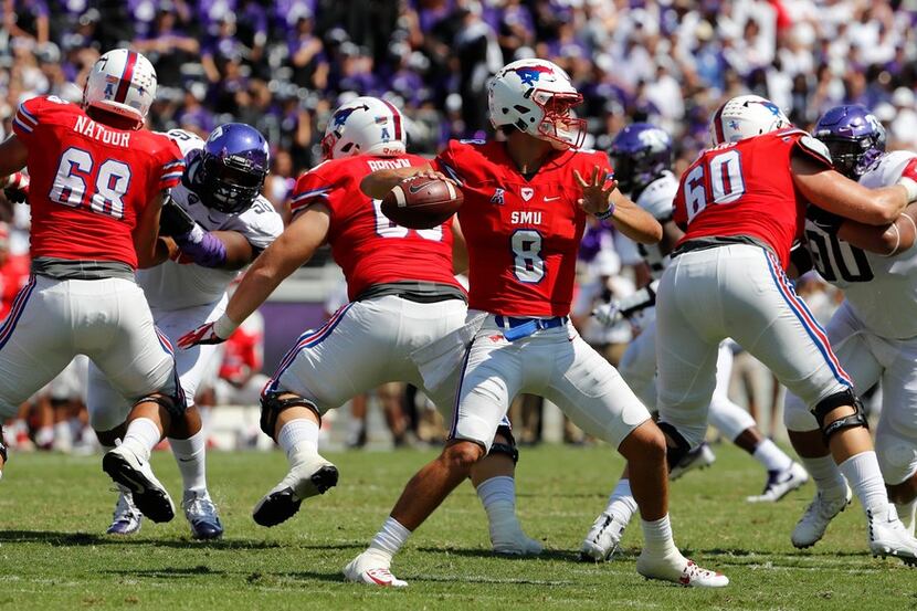 Southern Methodist quarterback Ben Hicks (8) in the first quarter against Texas Christian at...