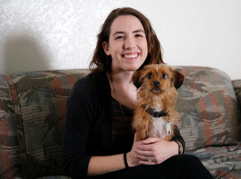 Audrey enjoys the company of her service dog, Gracie, who Audrey says "loves taking walks...