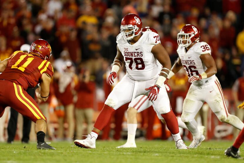 FILE - In this Nov. 3, 2016, file photo, Oklahoma offensive tackle Orlando Brown (78) looks...