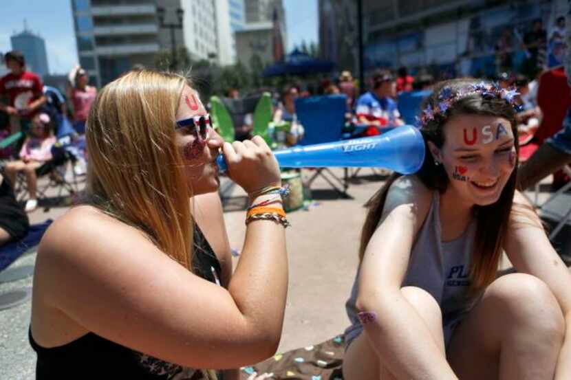 
Astrid Schuelke (left) and Grace Flanagan blew off some World Cup steam at Victory Plaza at...