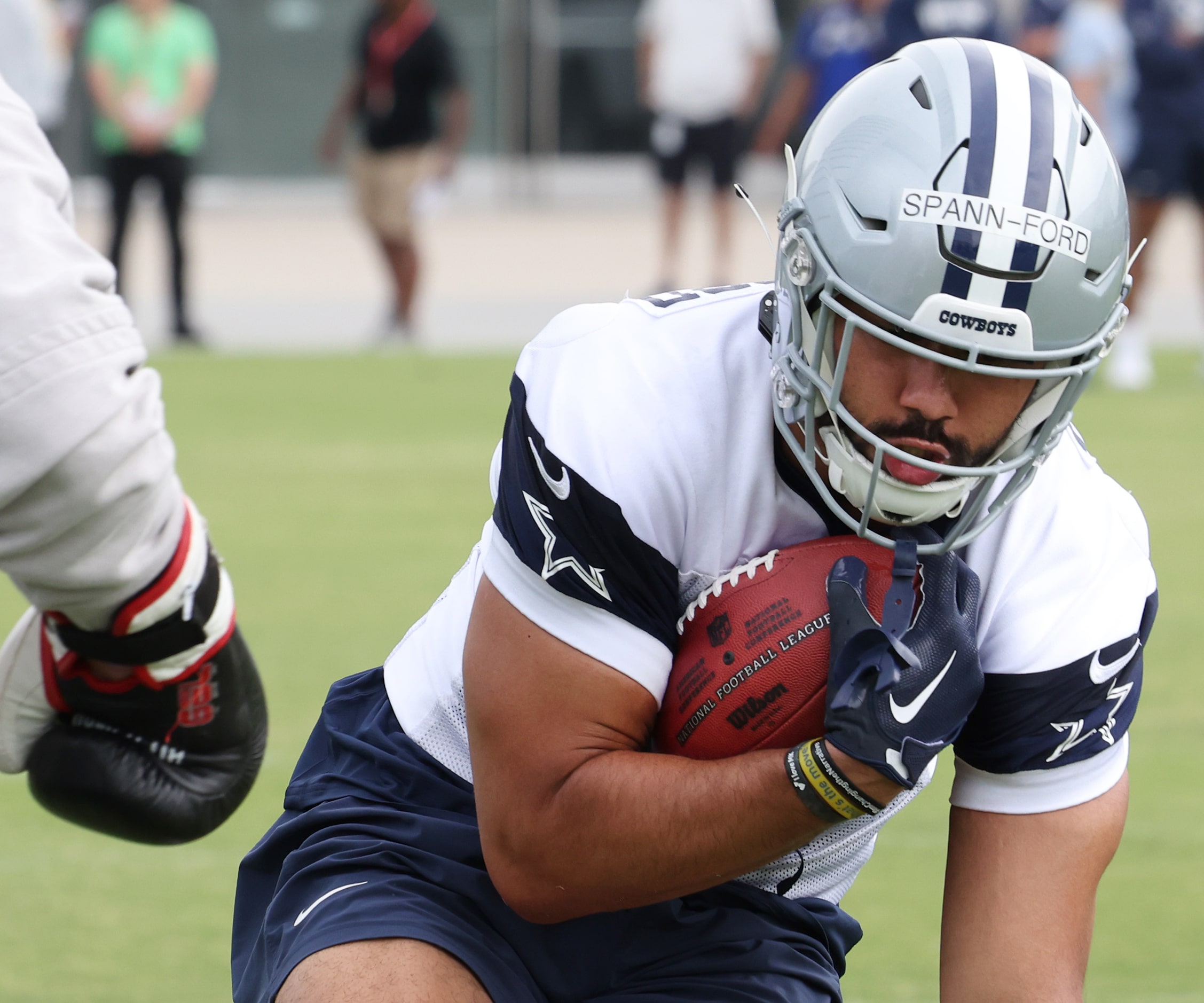 Dallas Cowboys tight end Brevyn Spann-Ford (47) works through a drill aimed to emphasize...