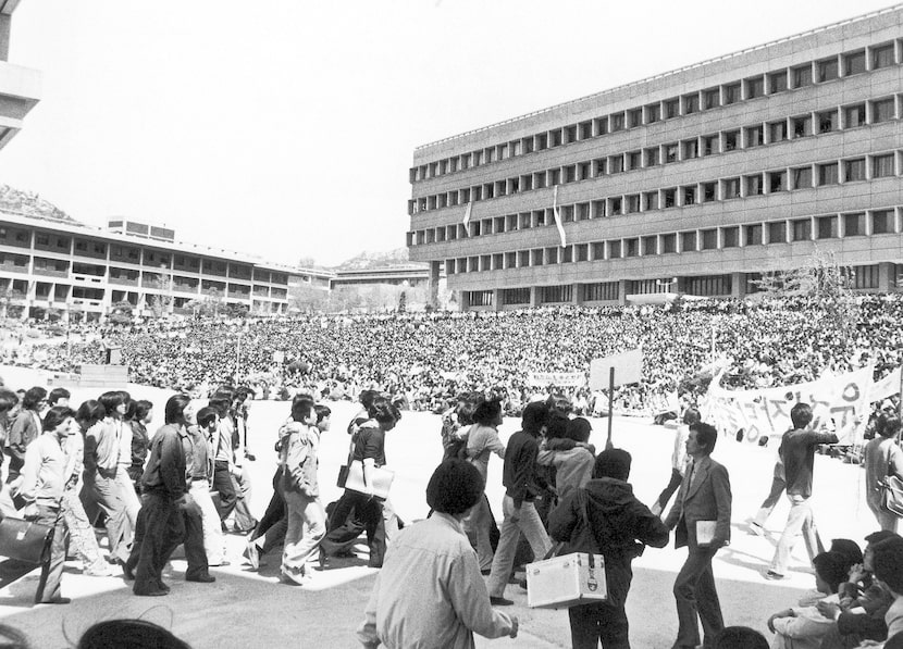 Some 10,000 students of Seoul National University hold a campus rally on Friday, May 2, 1980...