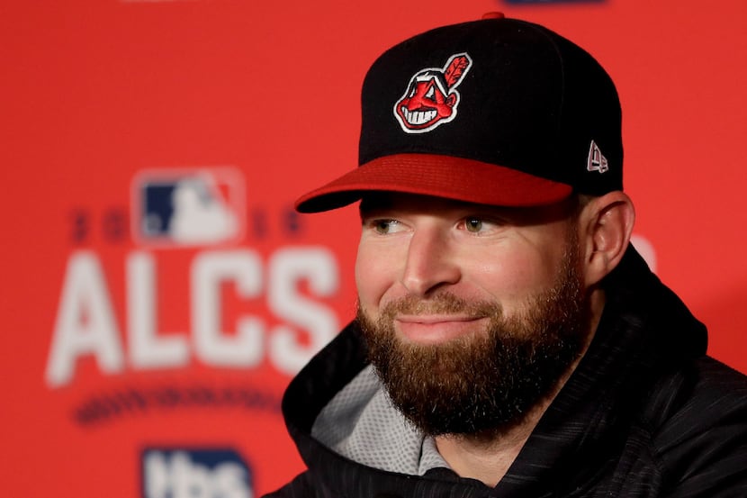 Cleveland Indians starting pitcher Corey Kluber speaks during a news conference in...