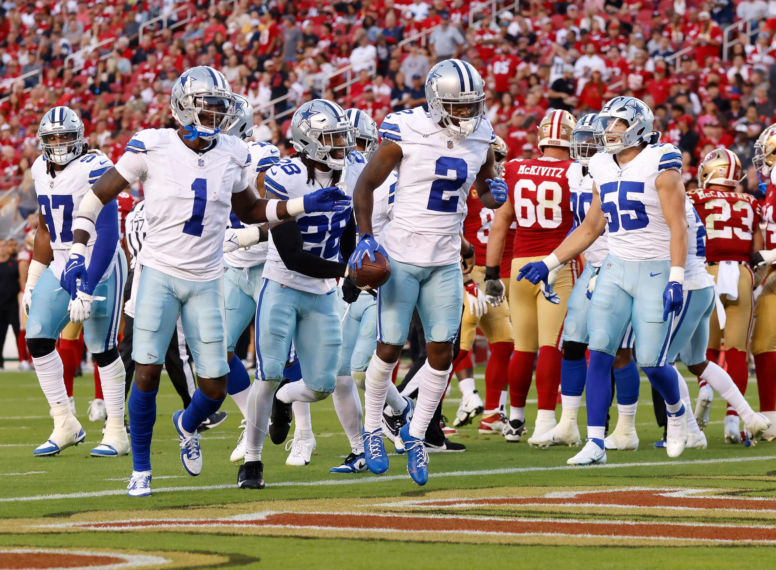 Dallas Cowboys cornerback Jourdan Lewis (2) celebrates his fumble recovery of San Francisco...