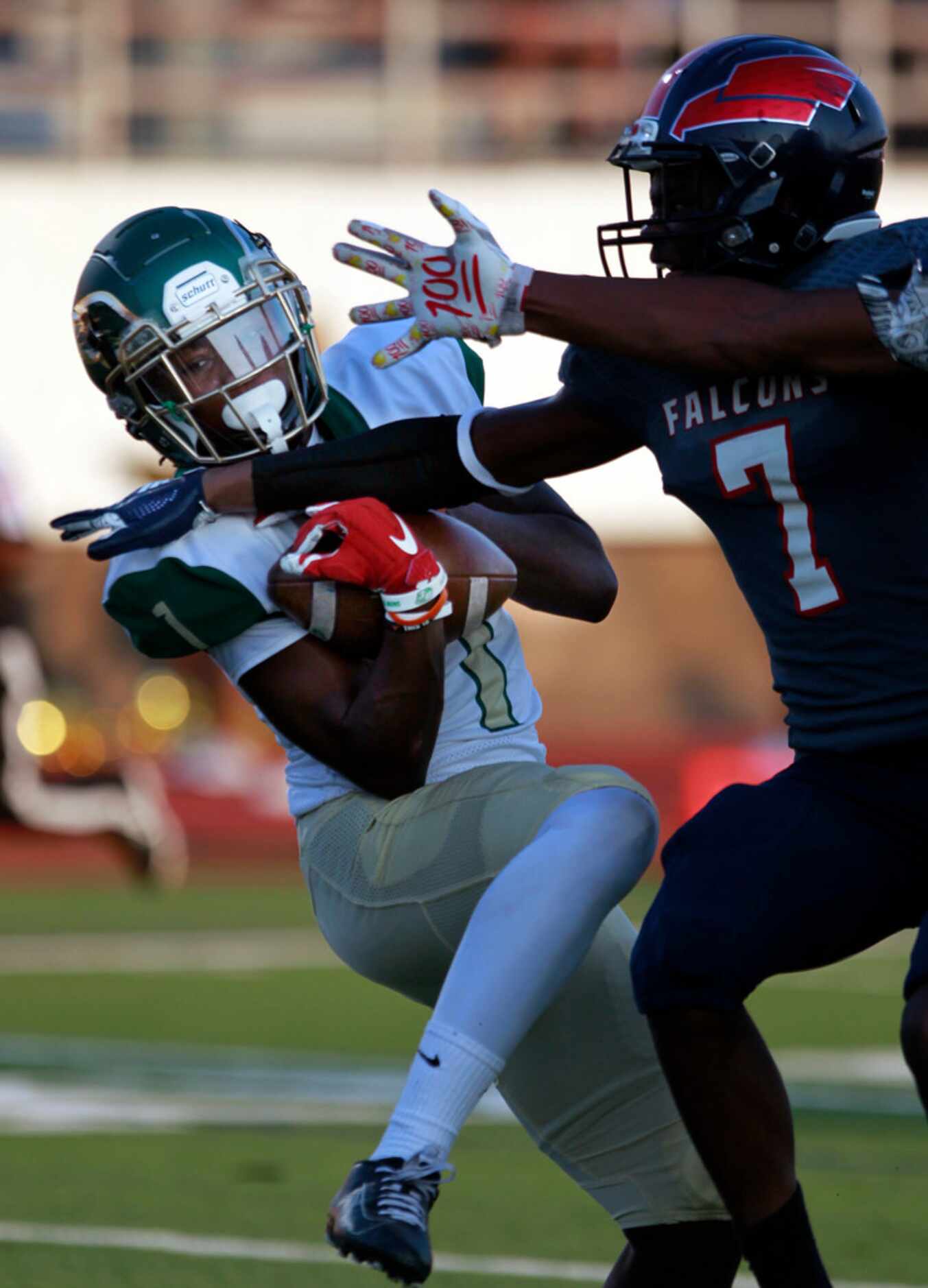 Desoto WR Jordan Brown (1) grabs a pass in the end zone for the team's second touchdown of...