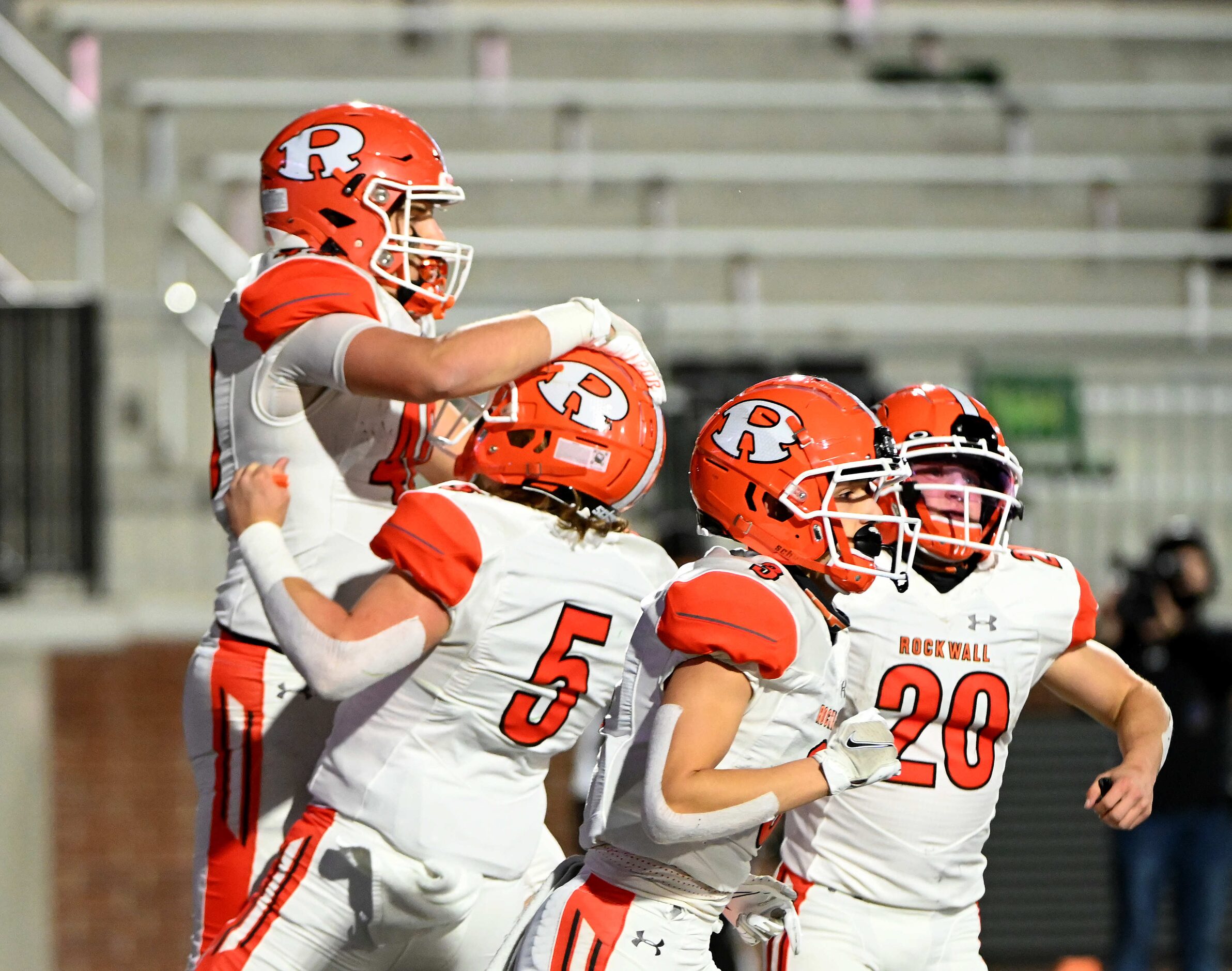 From left, Rockwall’s Brennan Ray, Lake Bennett, Jax Johnson and Zach Hernandez celebrate...