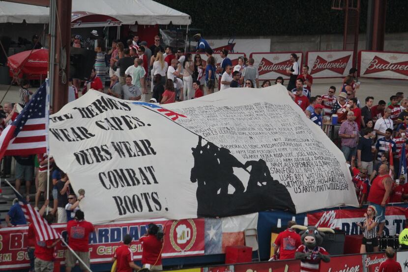 6200   FC Dallas fans in the Budweiser Beer Garden display a banner they created in honor of...