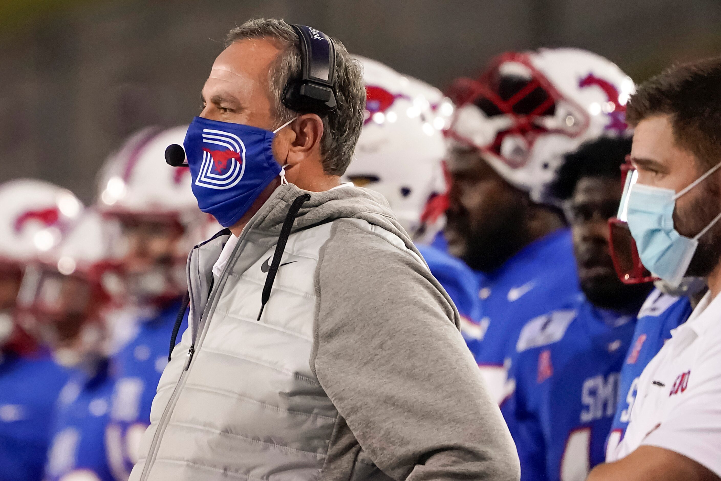 SMU head coach Sonny Dykes watches from the sidelines during the first quarter of an NCAA...