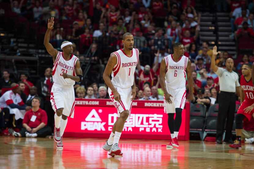 Apr 12, 2015; Houston, TX, USA; Houston Rockets guard Jason Terry (31) and forward Trevor...