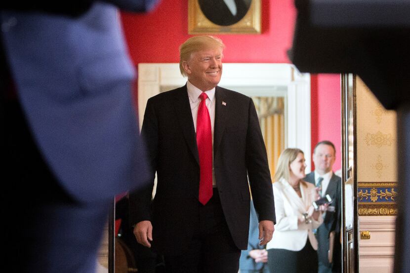 President Donald Trump arrives to speak at an event where he discussed what he said were the...