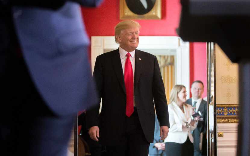 President Donald Trump arrives to speak at an event where he discussed what he said were the...