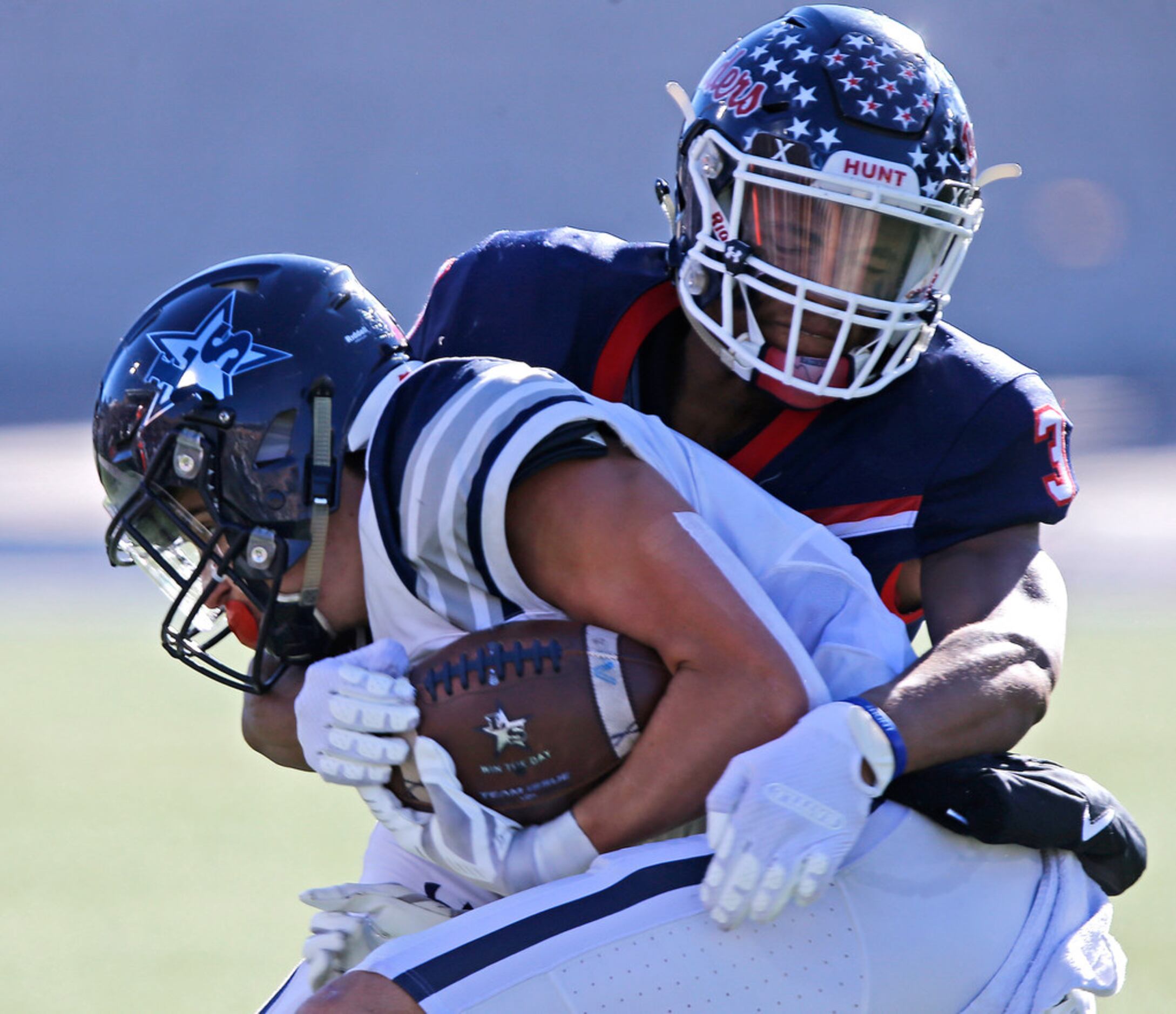 Lone Star High School wide receiver Trace Bruckler (4) is tackled by Denton Ryan High School...