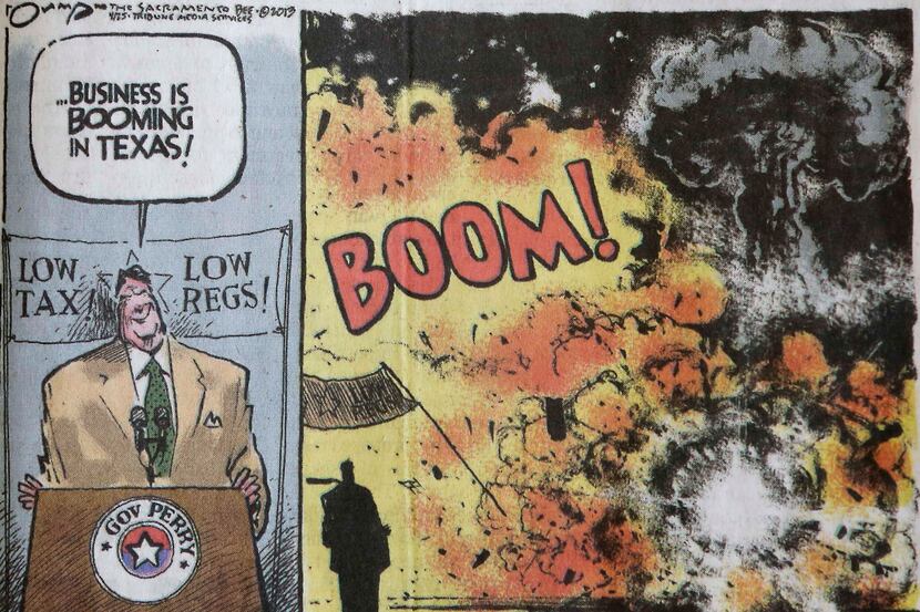 This Friday, April 26, 2013 photo shows an editorial cartoon that depicts Texas Gov. Rick...