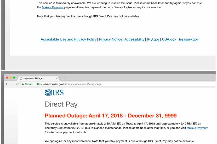 This combo of images shows messages that were displayed on the Direct Pay section of the IRS...