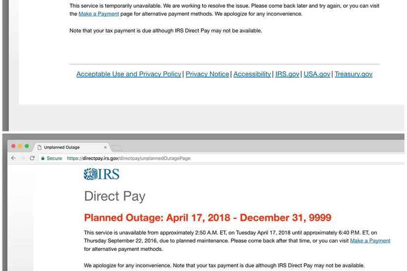 This combo of images shows messages that were displayed on the Direct Pay section of the IRS...